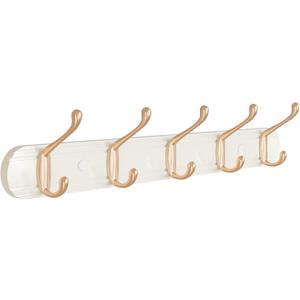 Coat Rack Wall Mount, Bamboo Coat Hanger with 5 Metal Pink Gold Hooks for Hanging Clothes, Towels, Keys, Hats, Bags(White)
