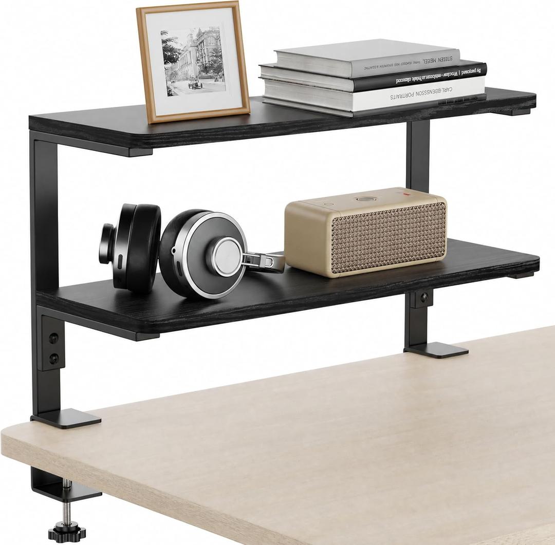 2-Tier Desk Extender, 22-inch Clamp-On Desk Shelf, Height-Adjustable Desktop Shelf Organizer for Monitors Office and Gaming Accessories, Arm Support Table Extension, Black