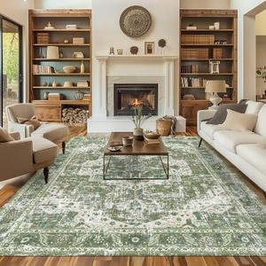 Bedroom Rugs Living Room Boho Washable Area Rugs Vintage Olive Green 8'x10' Neutral Modern Dusty Non Slip Small Carpet for Nursery Dining Room Farmhouse