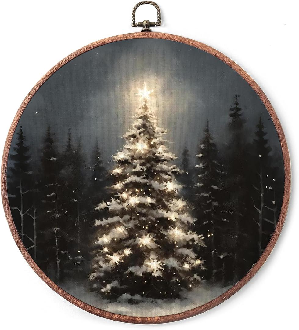 10" Christmas Vintage Round Wall Decor,Retro Framed Art,Christmas tree starlight Canvas Wall Art,Applies To Bedroom Living Room Increase the festive atmosphere Or As A Gift - A21