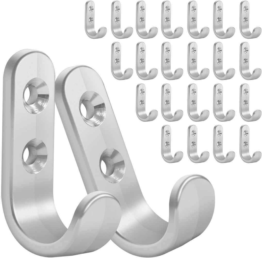 24PCS Silver Zinc Coat Hooks, Wall Mounted, Heavy Duty, Rust Resistant, 24 Hooks, 48 Screws, 25 lbs Weight Capacity