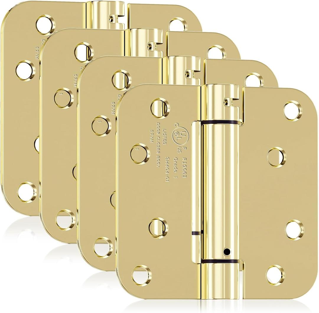 4 Pack Self Closing Door Hinges, 4 Inch Spring Loaded Door Hinges for Garage, Front, Back Door, Left/Right Hand, Adjustable Tension, 5/8'' Radius Corners, UL Listed, Gloden