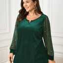 SCOMCHIC Women's Plus Size Blouses Long Sleeve V Neck Sparkly Sequin Velvet Top Dressy Casual Loose Shirts Party Tops (XX-Large Plus, Emerald Green)