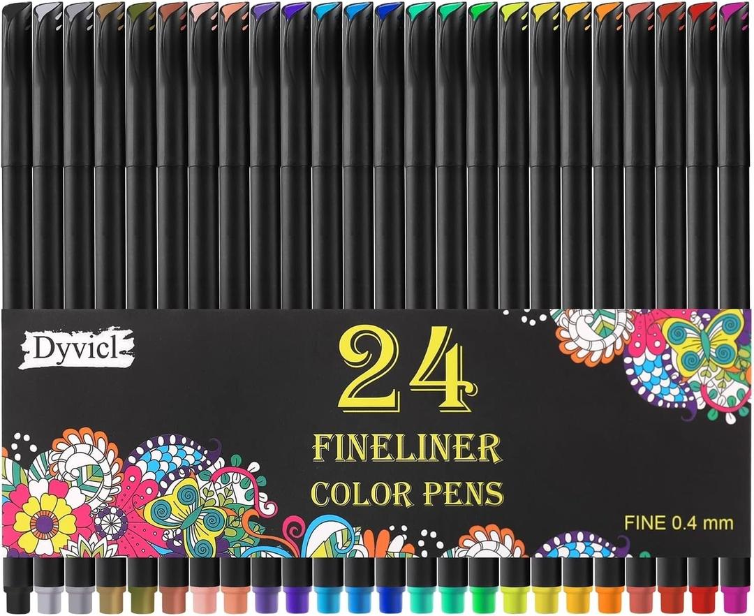 Dyvicl Fineliner Pens, 24 Colors 0.4mm Fineliner Color Pen Set Fine Point Markers Drawing Pens for Journaling, Note Taking, Calendar, Adult Coloring