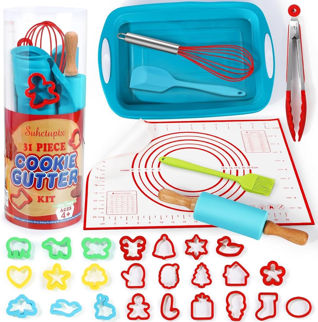 Kids Cooking Set - Real Toddler Kitchen Toys with 24 Assorted Cookie Cutters, Rolling Pin, Silicone Pan, Non-Stick Baking Mat for Kids Girls Boys Ages 4+