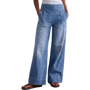 Women's Wide Leg Jeans Soft Baggy Low Mid Rise Elastic Waist Pull On Denim Pants Trendy Y2k (Large, Blue)