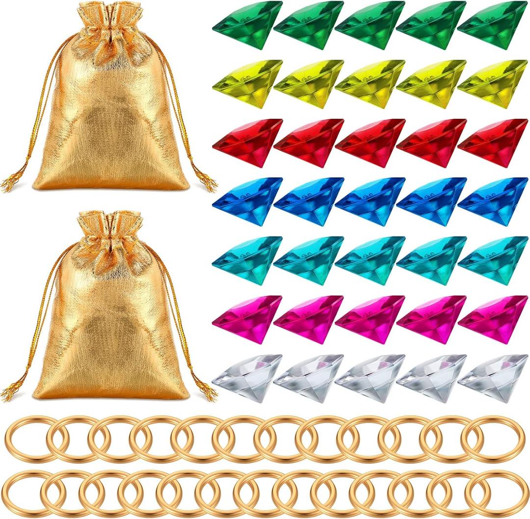Chalyna 60 Pcs Acrylic Diamond Gem Jewelry Alloy Gold Round Ring Set Halloween Party Favor Pirate Treasure Hunting Cake Decor with Gift Bag for Birthday (Bright Style)