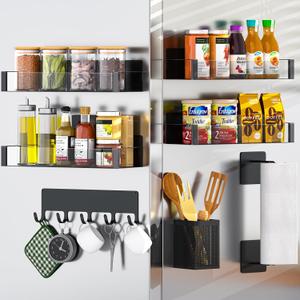 DTUQYX Magnetic Spice Rack for Refrigerator, 8 Pack Clear Plastic Front Metal Magnetic Shelves with Magnet Hooks Rack, Utensil Caddy & Adjustable Paper Towel Holder, No Drill Kitchen Storage Organizer