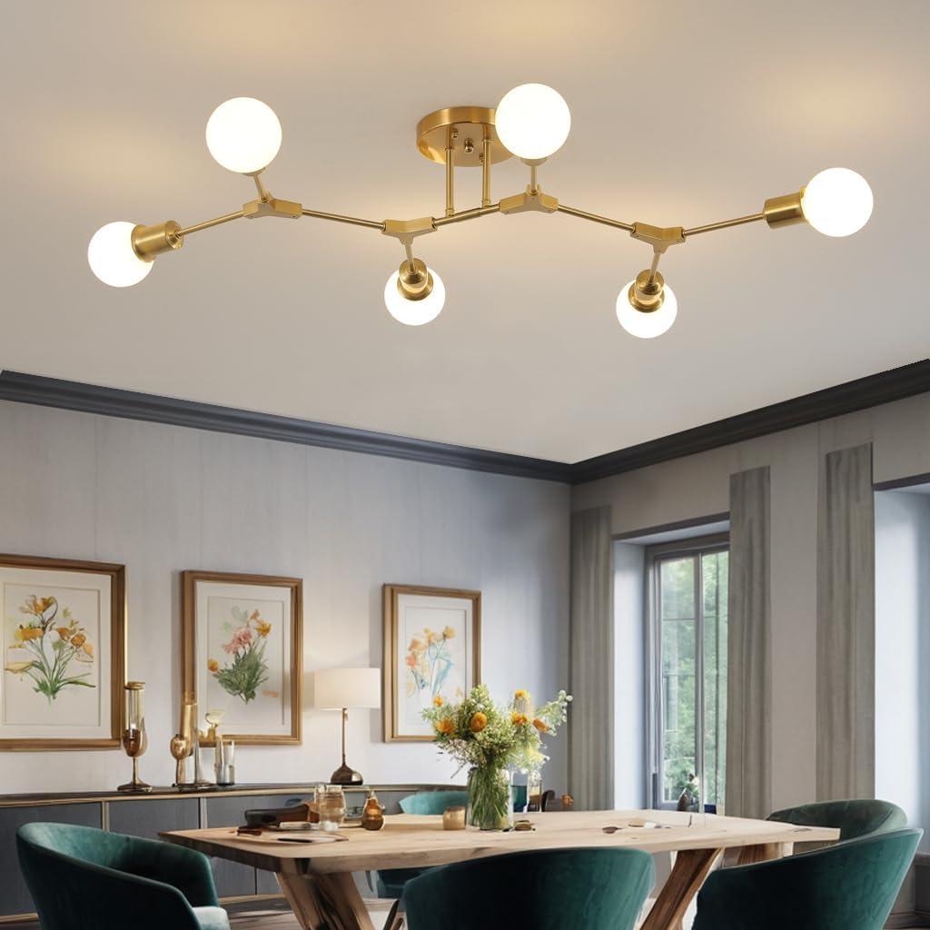 Modern Mid Century 6 Light Semi Flush Mount Ceiling Lighting Fixture for Living Room Bedroom Dining Room Hallway Kitchen Office,Long Large Gold Sputnik Chandelier