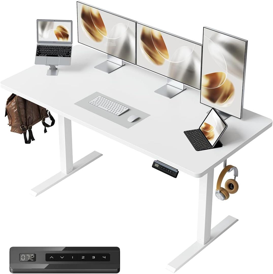 FEZIBO One-Piece Standing Desk Adjustable Height Stand up Home Office Desk, 55x24 Inch Electric Standing Computer Desk, with 4 Memory Presets, Headphone Hook, White FEZIBO One-Piece Standing Desk Adjustable Height Stand up Home Office Desk, 55x24 Inch Electric Standing Computer Desk, with 4 Memory Presets, Headphone Hook, White