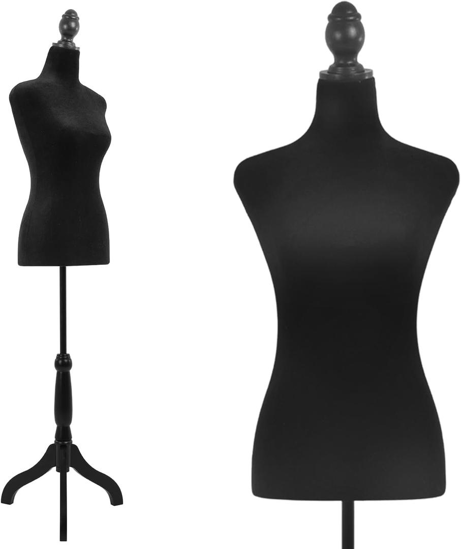 FDW Female Mannequin Body 50-63 inch Dress Form Sewing Mannequin Torso Manikin with Wooden Tripod Base Stand Adjustable Mannequin for Sewing Clothes Display (Black, 50-63 Inches)