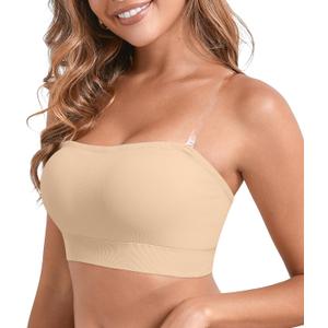 DEANGELMON Strapless Bras for Women Comfort Non-Slip Seamless Padded Bralette Clear Straps Wireless Tube Top Bra Nude Large