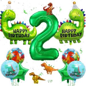 Dinosaur Birthday Decorations - 2nd Party Decorations with Number 2 Dino Shaped Balloons, Round Aluminium Foil Balloons for 2 Years Old Boys Jungle Theme Party Supplies