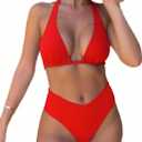 Layakanup V Cut Bikini Sets for Women Halter Push Up Bikini Top Sexy high Waisted Cheeky Bikini Bottom Swimsuits (Medium, Red)