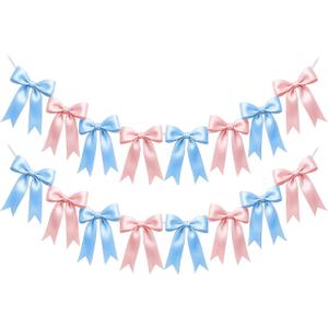 2 Strings of 16PCS Baby Pink&Baby Blue Bow Garlands Banner Decoration,Pre-Strung Satin Ribbon Ornaments for Gender Reveal Party,Baby Shower,Birthday,Bridal Shower,Graduation Decor,Anniversary,Wedding