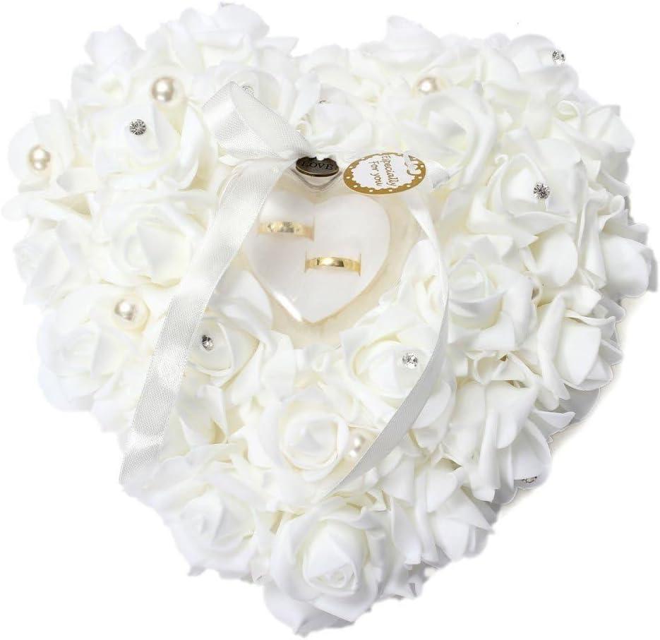 HONEYGIFTS Wedding Ring Pillow, Irovy Ring Bearer Holder Pillows Heart Shape Rose Lace Cushion for Wedding Party Anniversary Ceremony