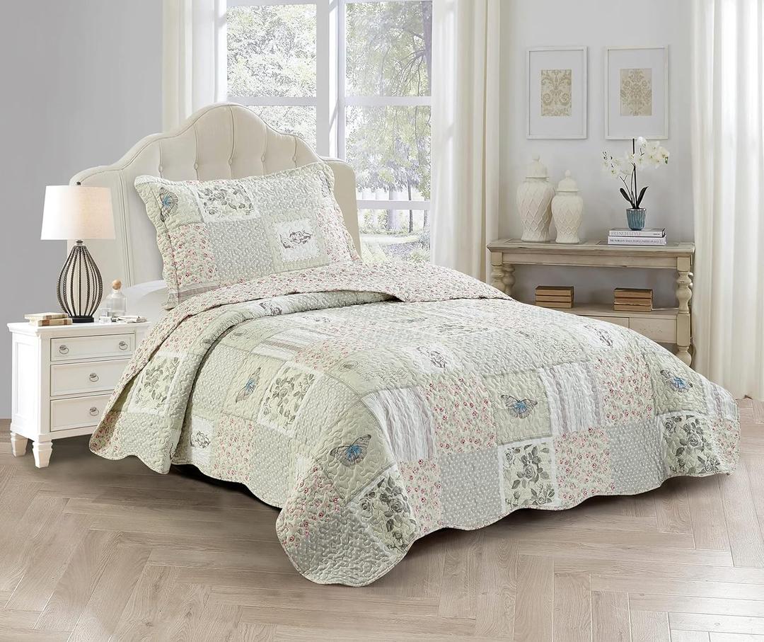 Brilliant Sunshine Grey Angel and Pink Rose Patchwork, 2-Piece Quilt Set with 1 Sham, Reversible Bedspread, Soft Lightweight Coverlet, All-Season, Twin, Pink Grey