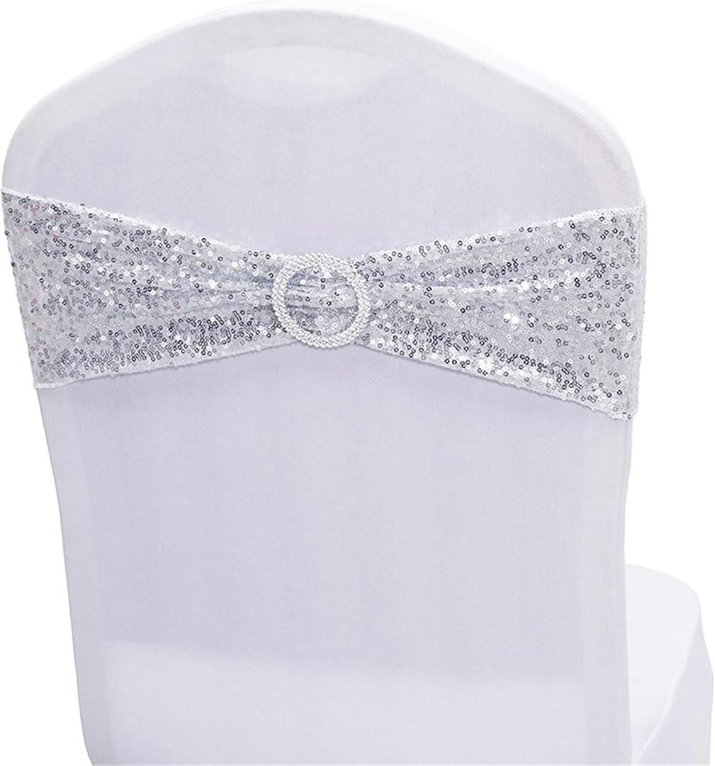 Dimatic 25 PCS Stretch Sequin Chair Sashes Chair Stretchy Spandex Bands for Wedding Reception Events Banquets Chairs Decoration (Silver)