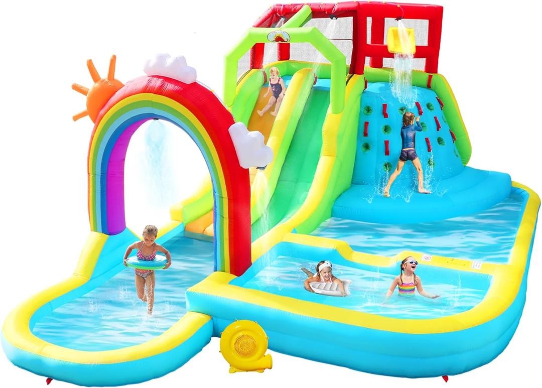 Inflatable Water Double Slides Park with Blower, Bouncy Castle with Rainbow Water Curtain, with Shooting and Rock Climbing