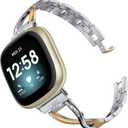 Wearlizer Metal Band Compatible with Fitbit Versa 4/Versa 3/Sense/Sense 2 Bands for Women, Dressy Stainless Steel Bling Rhinestone Link Bracelet Wristband Replacement Strap (Soft Gold/Silver)