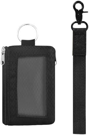 ID Badge Holder with Wrist Lanyard for Teacher, Double-Sided Zippered Pocket, Detachable Lanyard, Key Ring, Metal Clasp, Clear ID Card Window, RFID Blocking Wallet, Black