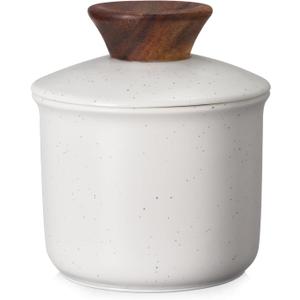 DOWAN French Butter Crock for Countertop, Ceramic Butter Dish with Waterline, Porcelain Butter Container for Spreadable Soft Butter, French Butter Dish with Lid (Gray)