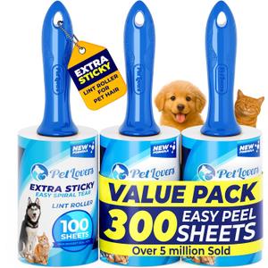 2 x PetLovers Extra Sticky Lint Roller Value Set 300 Sheets for Pet Hair Removal, Dog and Cat Lint Remover 3 Pack