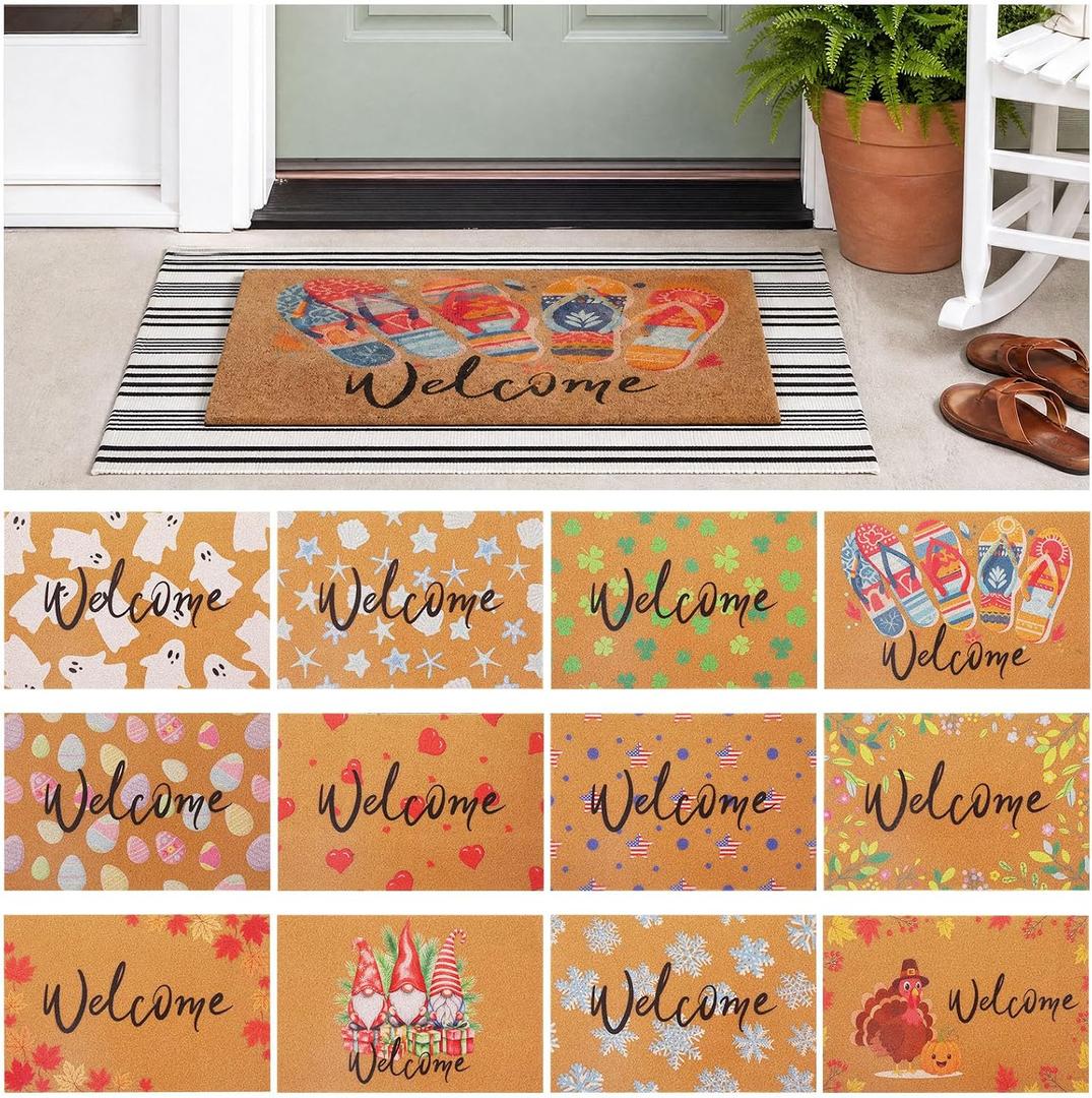 13 Pcs Seasonal Welcome Layered Doormat Set, Summer Black and White Striped Cotton Rug with 12 Holiday Faux Coir Welcome Mats, Patriotic Front Door Mat for Porch, Entryway, Farmhouse Decor, 23.6 x 35.4 inches