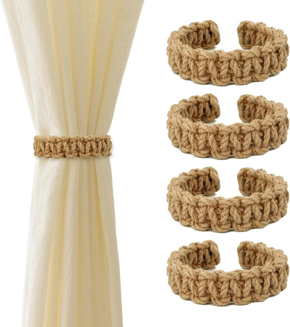 Outdoor Curtain Tiebacks, Curtain Ties (4 Pack) - Boho Braided Farmhouse Rustic Flexible Rope Drapes Holder, Burlap Elegant Light Curtain Holdback for Home Bedroom Office Decorative
