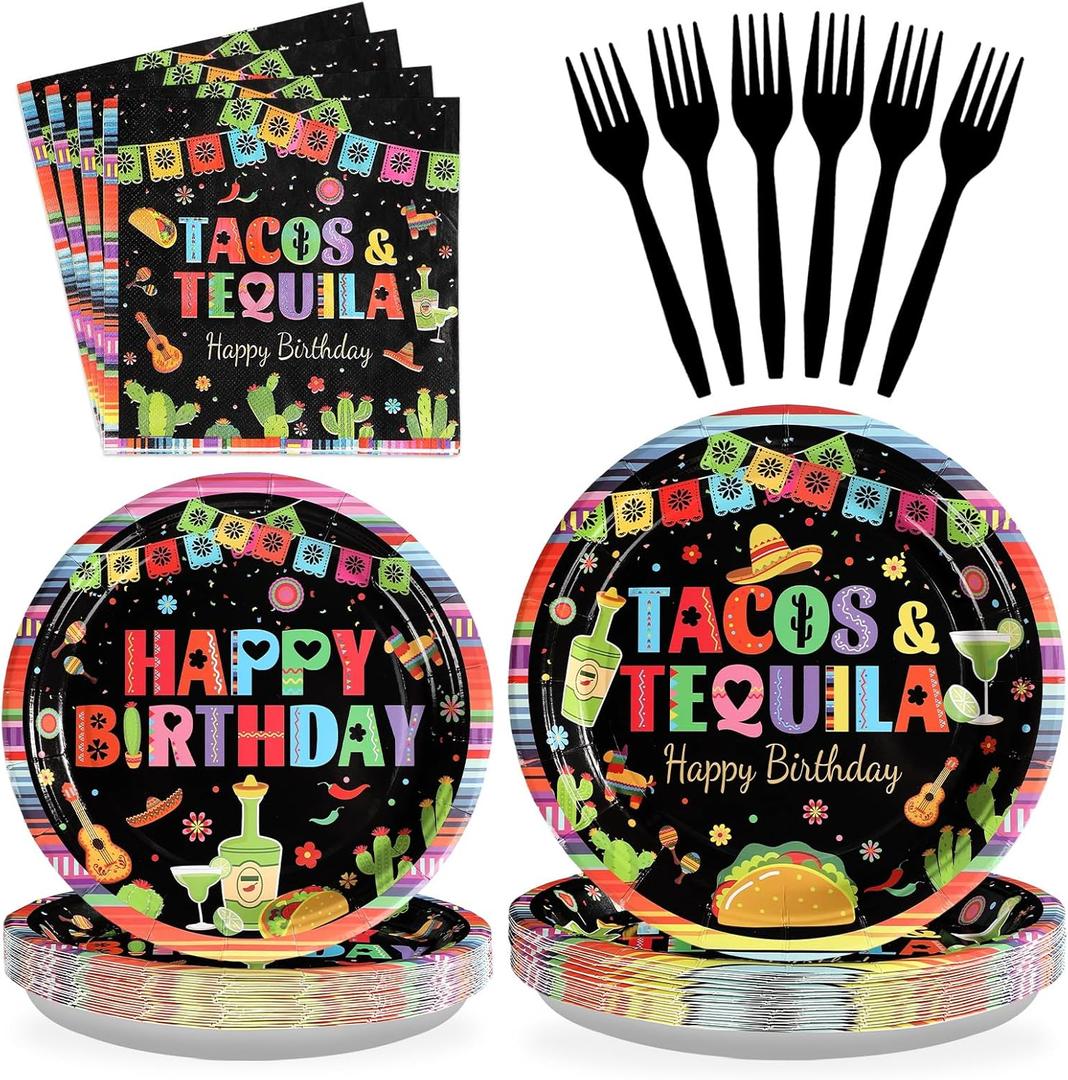 Grencian 96Pcs Birthday Party Supplies Mexican Fiesta Paper Plates and Napkins Mexican Colorful Stripe Disposable Tableware Set for Cinco De Mayo Birthday Party Decorations Serves 24