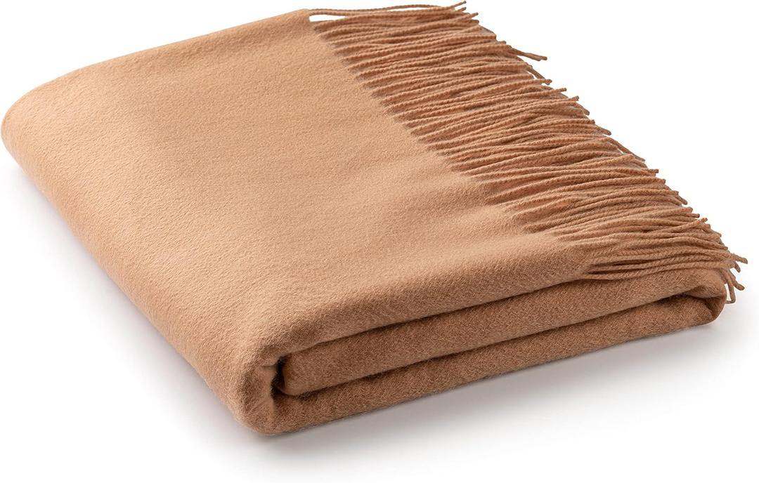 Velanio Cashmere 100% Cashmere Throw Blanket with Fringe 60 x 54 Inch Super Soft Warm for Home, Travel Sofa Bed (Camel) (Large)