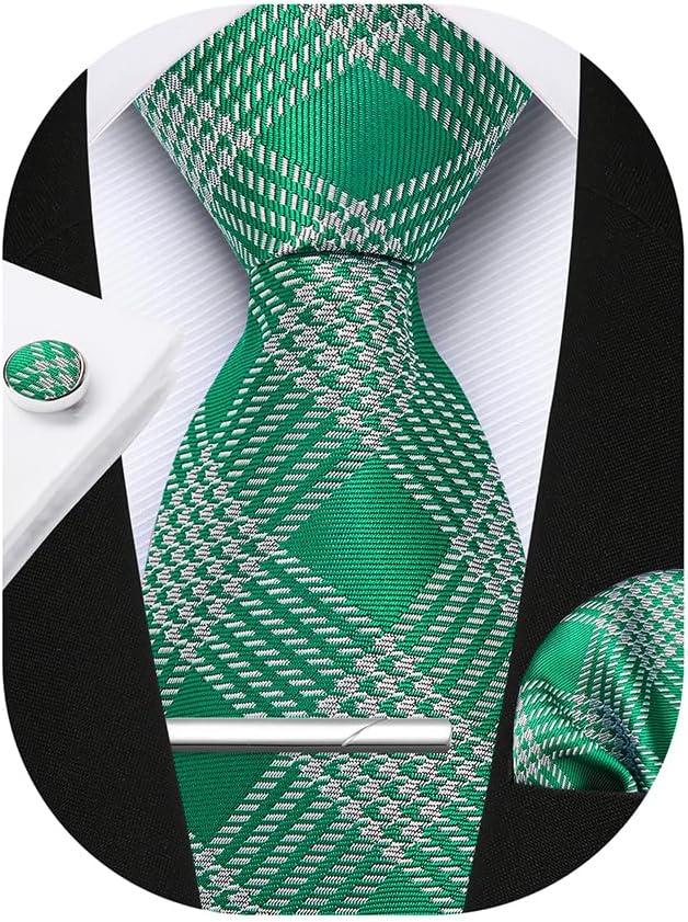 HISDERN Plaid Ties for Men Classic Checkered Tie and Pocket Square Cufflinks Tie Clip Set Woven Men's Necktie Business (Green)