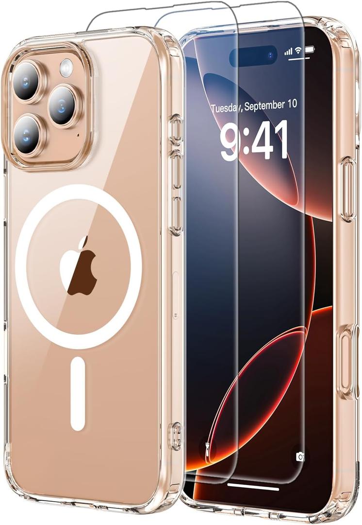 for iPhone 16 Pro Case Clear,Compatiblewith MagSafe,with 2X Screen Protectors & Military-Grade Shockproof Protection Magnetic Slim Case,Transparent Anti-Yellowing,Shockproof Cover for 6.3 inch