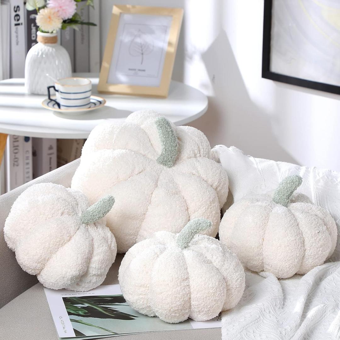 Kajaia 4 Pcs Fall Decor Thanksgiving Pumpkin Throw Pillow Fall Pillow 11 Inches 7 Inches 3D Cushion Thanksgiving Sherpa Plush Fluffy Stuffed for Autumn Christmas Home Sofa(White)