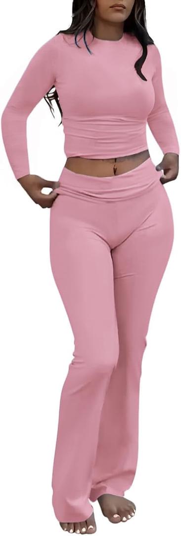 AYWA Women's 2 Piece Outfits Foldover Flare Pants Long Sleeve Crew Neck T-shirt Fitted Pajama Sets (Medium, Pink)