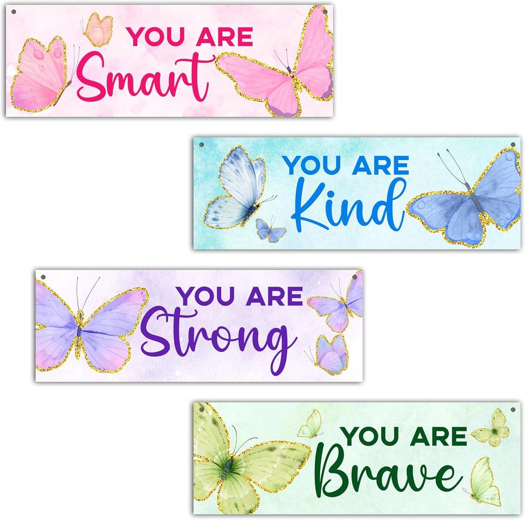 4 Pieces Girls Room Decor, Butterfly You Are Kind Bedroom Decor, Toddler Girl Room Decorations, Inspirational Kids Nursery Room Playroom Room Wall Art-02