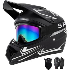 SPARK DOT Approved Youth Motocross Helmet Kids Dirt Bike Helmets - Full Face, Lightweight & Breathable for Off-Road E-Bike BMX MX ATV (with Gloves Goggles Mask) 4Pcs Set, Black Grey, Small(55-56cm)