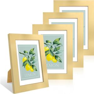 4x6 Picture Frame Set of 4, 4 x 6 Wood Photo Frames with Mat for 3.5x5, Wooden Frame with Real Glass Cover for Wall and Tabletop Display,Gold