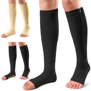 Ailaka 3 Pairs Compression Socks with Zipper, 15-20 mmHg Medical Knee High Compression Socks for Men Women, Open Toe Socks for Varicose Veins, Edema, Recovery (Black+Beige+Black Copper)