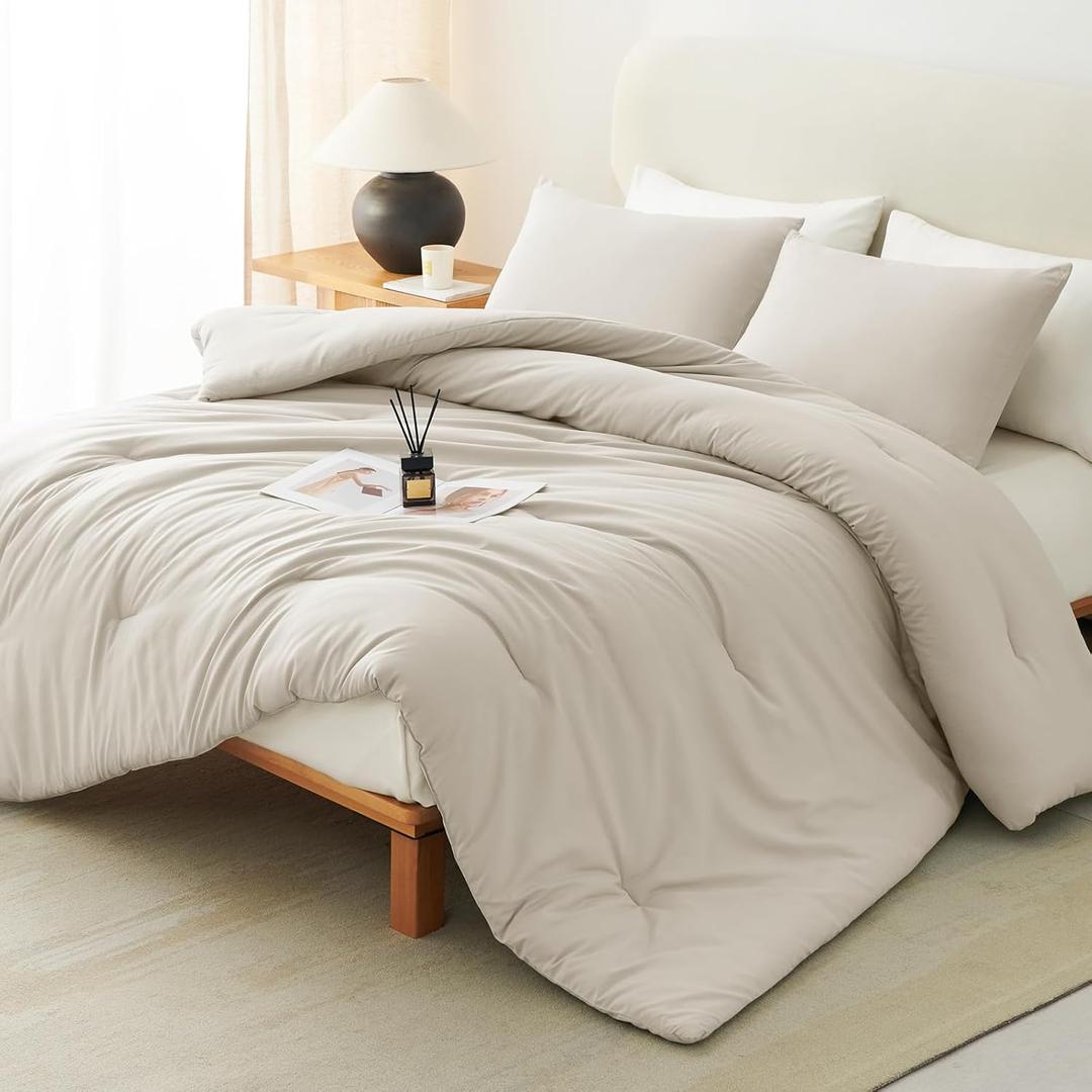CozyLux Oversized Queen Comforter Set, 3 Pieces Beige Quilted Bedding