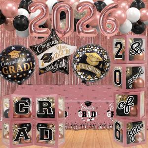 Black and Pink Graduation Decorations Class of 2026 - Graduation Balloon Boxes, Balloon Arch Garland Kit, Fringe Curtains, Party Decorations 2026 for Any Grades