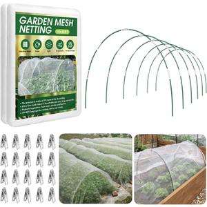 Garden Netting Kit for Raised Beds, 10x30FT Ultra Fine Mesh Netting＆ 6 Sets of 8FT Fiberglass Garden Hoops, Row Cover Insect Netting for Vegetable Plant Fruit Flowers Protection