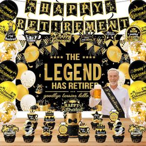 68Pcs Happy Retirement Party Decorations for Men and Women, Black Gold Retirement Party Decorations, Happy Banner, Backdrop, Hanging Swirls, Sash, Balloons, Cake &Food Toppers