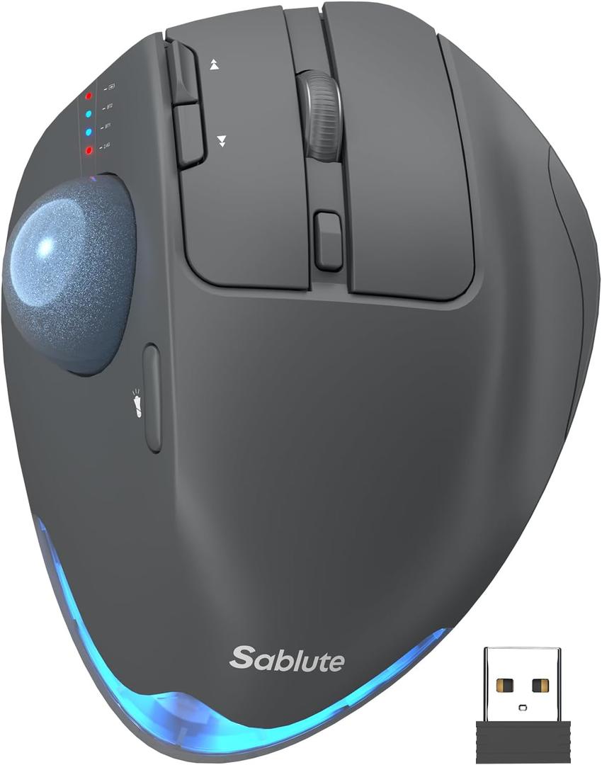 MAM1 Pro Wireless Trackball Mouse, Ergonomic Bluetooth Rechargeable Computer Mouse, Backlit Rollerball Thumb mice with 5 Level DPI, Adjustable Angle, 3 Devices Connection for PC, Windows - Gray Mouse