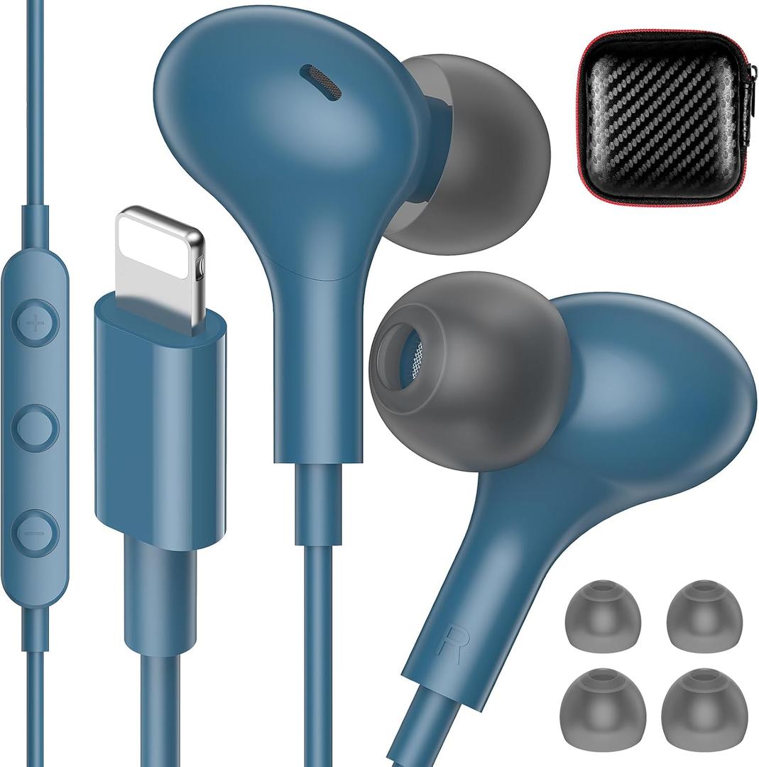 iMangoo for Apple MFi-Certified Headphones for Lightning Wired Earbuds Magnetic Ear Buds with HiFi Bass,3 Ear Tips Mic Corded Earphones for Gym, Commuting for iPhone 14 Plus 13 12 11 Pro Max Lake Blue