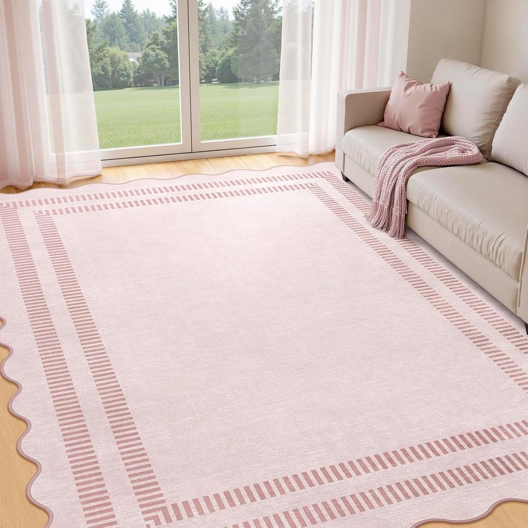 Pink Rugs for Living Room 8x10, Soild Machine Washable Area Rugs for Bedroom Girls, Non Slip Ultra-Thin Low-Pile Carpet for Playroom Nursery Kids Room