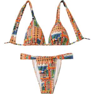 MakeMeChic Women's Floral Print 2 Piece Bikini Sets Tie Back Triangle Thong Bathing Suit Swimsuit (X-Large, Orange and Blue)