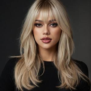 Layered Ombre Blonde Wigs Human Hair Long Straight with Bangs for Women Lightweight Glueless Natural Look (blonde 20inch,Long)