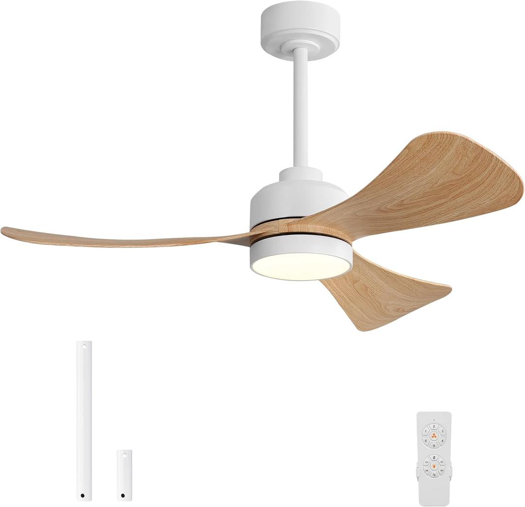 42" Ceiling Fans with Lights,3 ABS Blades Modern Ceiling Fan with Remote Control,3 Color Temperatures, 6-Speed Quiet Reversible DC Motor, for Bedroom Kitchen Outdoor/Indoor, White+Light Wood