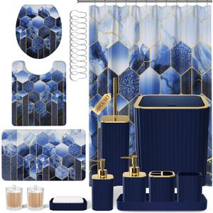 XLHOMO Bathroom Set - 26PC Bathroom Set with Shower Curtain and Rugs, Bathroom Accessory Set, Navy Blue Bathroom Sets, Trash Can & Soap Dispenser